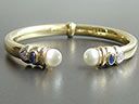 Vintage 18kt Gold Mayors Pearl Sapphire & Diamond Hinged Bangle 