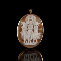 Antique 18ct Gold & Conch Shell 3 Graces Cameo Brooch-Pendant