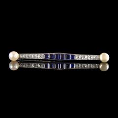 Vintage Platinum Sapphire Diamond & Pearl Art Deco Brooch