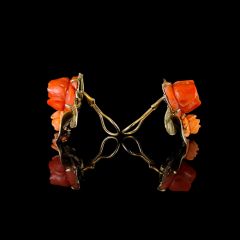 Vintage 14KT Gold Red & Pink Carved Coral Rose Earrings 