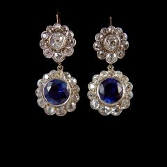 Antique Italian 18ct Gold Sapphire & Diamond Drop Earrings - Front
