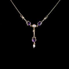 Vintage 9ct Gold Amethyst and Pearl Drop Necklace 2