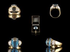 Vintage Silver Gilt Blue Topaz & Rhinestone Art Deco Ring