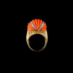 Vintage 18KT Gold Carved Pink Coral & Diamond Trio Jewellery Set - Ring Up