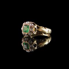 Antique 18ct Gold Emerald and Diamond Engagement Ring - Side