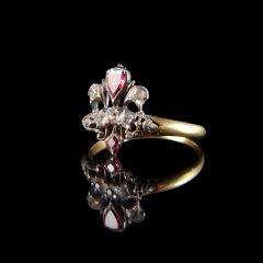 Antique 18ct Gold Ruby and Diamond Fleur De Lis Ring - Side