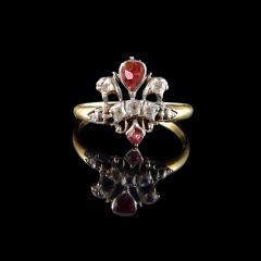 Antique 18ct Gold Ruby and Diamond Fleur De Lis Ring 