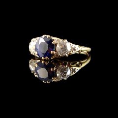 Antique 18ct Gold Sapphire and Diamond 3 Stone Engagement Ring - Side