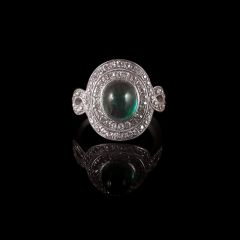 Vintage Platinum Diamond and Emerald Cabochon Art Deco Ring 