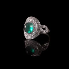 Vintage Platinum Diamond and Emerald Cabochon Art Deco Ring - Side