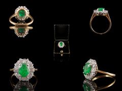 Vintage 18ct Yellow Gold Emerald & Diamond Art Deco Cluster Ring 