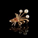 Vintage 14ct Gold Pearl & Ruby Floral Spray Brooch
