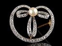 Vintage French 18ct Gold & Platinum Diamond & Pearl Art Deco Bow Brooch
