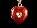 Antique 9ct Gold Pearl & Red Enamel Heart Locket & Chain