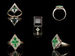 A gorgeous vintage French 18ct yellow Gold Emerald & Diamond Art Deco ring, comprising of 4 beautiful .20ct Emerald Cut Emeralds, claw set in a cross design